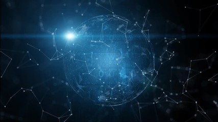 Space travel with flare of light and rotating sphere motion background.