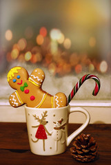 Christmas cup, cookie little man, candy cane on the window background.