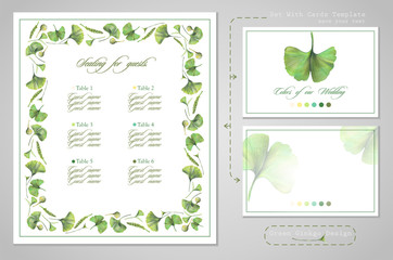 Set for wedding printing: seating for guests or invitations, card for dress code. Illustration of colored pencils, green leaves of ginkgo biloba. A set of templates with ready-made examples.