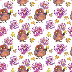Seamless pattern with little shy owl holding a pink chrysanthemum. Watercolor on white background.