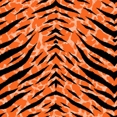 Animal skin seamless pattern. Abstract tiger stripes and lines background. Black and orange repeating backdrop. Detailed hand-drawn vector illustration. Animalistic print for fabrics, posters, banners