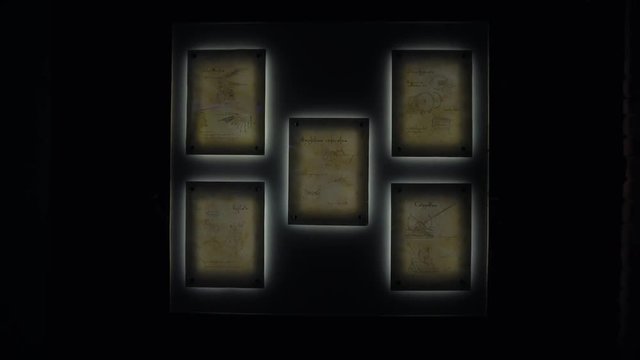 Leonardo's Da Vinci engineering drawing inventions of flight catapult on the wall in the museum