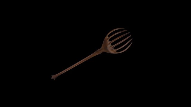 Animated rotating around y axis simple shining bronze serving fork against black background, mask included. Full 360 degree spin, loop able and isolated.