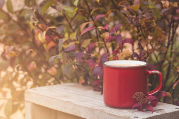Close up red vintage coffee cup on wooden background in garden with blur light bokeh and autumn leaves