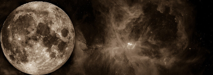 The moon and fantastic galacy clouds and stars background in sepia tone. Elements of this image furnished by NASA