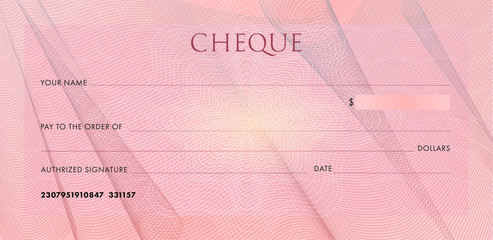 Check template, Chequebook template. Blank pink business bank cheque with guilloche pattern cloth folds and abstract watermark. Background for voucher, banknote design,gift certificate, ticket, coupon