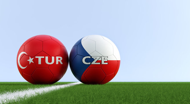 Turkey vs. Czech Republic Soccer Match - Soccer balls in Turkey and Czech Republic national colors on a soccer field. Copy space on the right side - 3D Rendering 