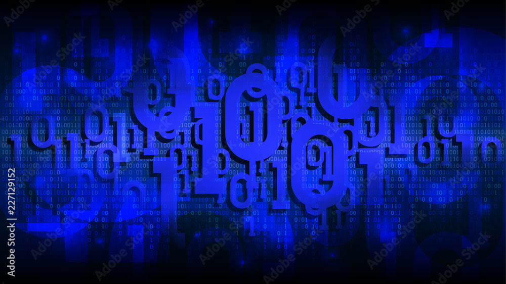 Poster matrix blue background with binary code, shadow digital code in abstract futuristic cyberspace, clou