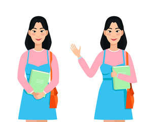 Obraz premium Brunette girl in dress with book in hand. Education concept. Illustration of smiling student with folder in hands and school bag. 