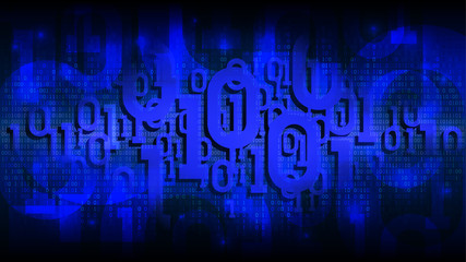 Matrix blue background with binary code, shadow digital code in abstract futuristic cyberspace, cloud of big data