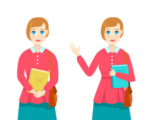 Fototapeta premium Girl in red blouse with book in hands.Education concept. Illustration of smiling student with folder in hands and school bag 