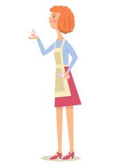 Seller suggests perfume on white background. Woman sells a cosmetic bottle. Concept vector character. Flat profession.  