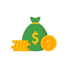 Pile coins and bag with money