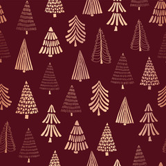 Copper foil doodle Christmas trees seamless vector pattern backdrop. Metallic shiny rose golden trees on red background. Elegant design for Christmas, New Year, gift wrap, party invitation, card