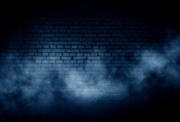 Background of empty dark room with concrete floor. Empty brick walls, neon light, smoke.