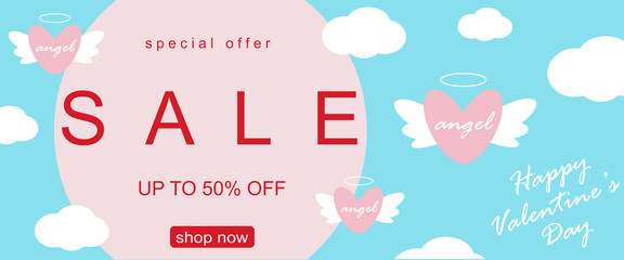 Valentines day background, heart with wings. Vector illustration.