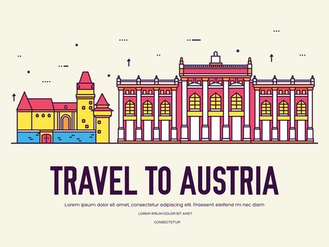 Country Austria travel vacation of place and feature. Set of architecture, item, nature background concept. Infographic traditional ethnic flat, outline, thin line icon