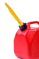 Red Plastic Petrol Gas Can With Spout White Background