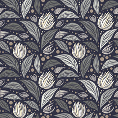 Seamless vector floral pattern with abstract mosaic flowers in monochrome gray colors on dark background