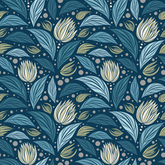 Seamless vector floral pattern with abstract mosaic flowers in blue and beige colors