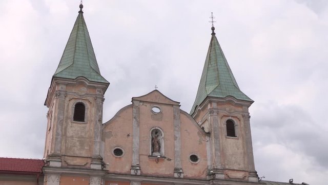 Close up of church of Zilina at market square, Slovakia, Europe.