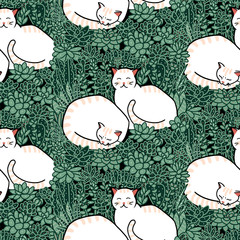 Cats in a succulent garden seamless pattern
