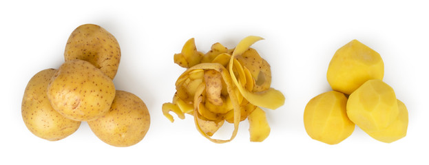 Three piles of potatoes, peeled and peeled potatoes on a white, isolated. The view from the top.
