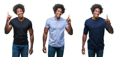 Collage of african american young handsome man over isolated background pointing finger up with successful idea. Exited and happy. Number one.