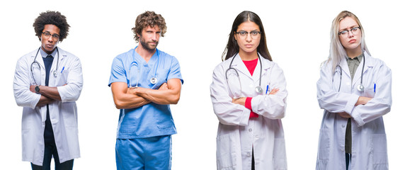 Collage of group of doctor, nurse, surgeon people over isolated background skeptic and nervous,...