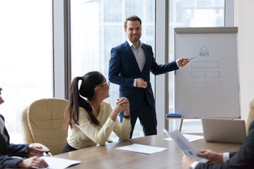 Smiling male employee present business project or idea on flipchart during casual negotiations,...