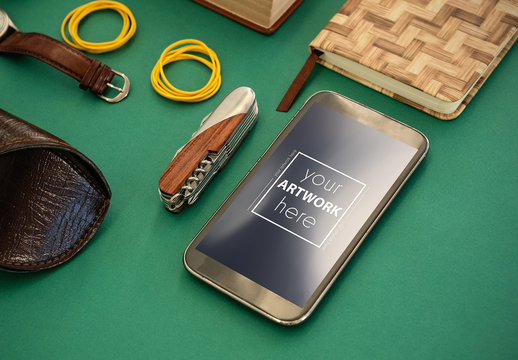 Mobile Phone with Accessories Mockup