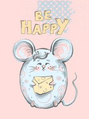 Cute and funny fat mouse with big ears holding cheese and smiling , words Be happy for kids apprel, children fashion print