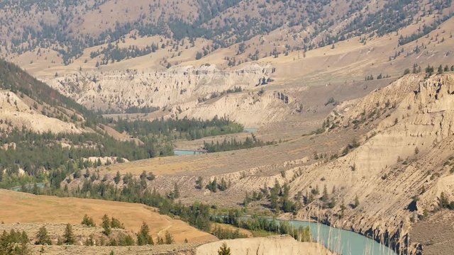 View over the Chilcotin River and hoodoos at Farwell Canyon (BC grasslands).