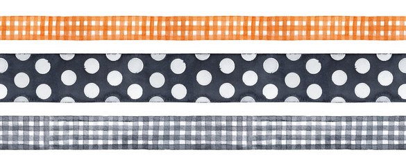 Seamless ribbon collection. Cute rustic ornaments, traditional autumn colours, wide and thin variants, nice combination and design, top view. Hand drawn water color sketchy drawing on white, cutout.