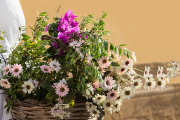 basket of wildflowers on a bicycle, horizontal photography