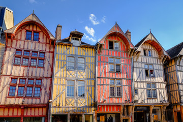 Visit card of Troyes with colourful houses in old city, France