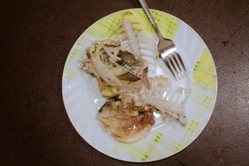 bones of eaten fish on a plate