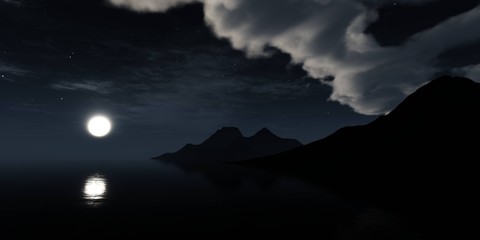 Mountain landscape with the moon, moonrise over the water, the moon and the mountains above the lake,