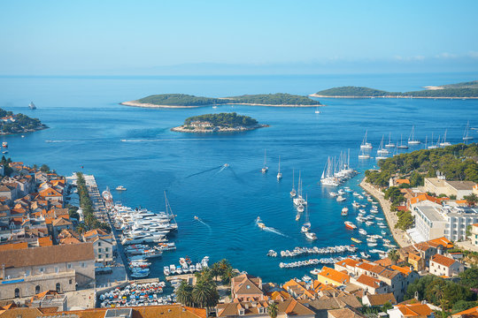 Aerial seascape view to turquoise waters of Adriatic Sea in Island Hvar Croatia. Famous sailing travel destination in Croatia, Island Hvar summer scenery in Europe.