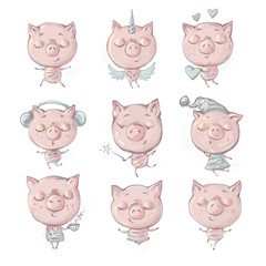 Obraz premium Little Pig cartoon action set, in different situations like listening music, meditating, yoga poses, coffe serving , sleeping, unicorn pig and pig with magic wand vector illustration