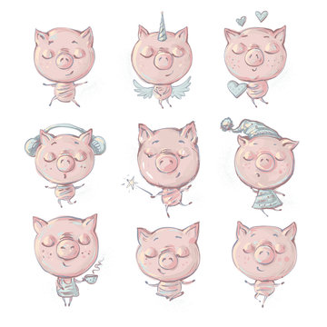 Little Pig cartoon action set, in different situations like listening music, meditating, yoga poses, coffe serving , sleeping, unicorn pig and pig with magic wand vector illustration