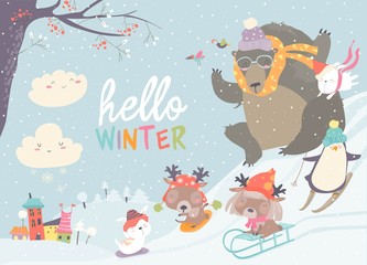 Happy cute animals playing winter games. Hello winter