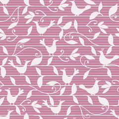 Pink seamless vector pattern with birds and foliage on stripes