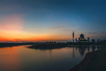 sunrise scenery at penang floating mosque. soft focus,blur due to long exposure.