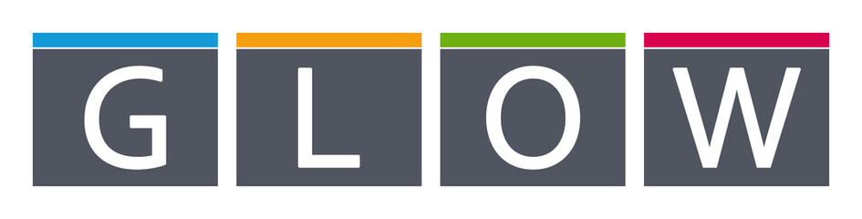 Glow - letters written in gray boxes on white background