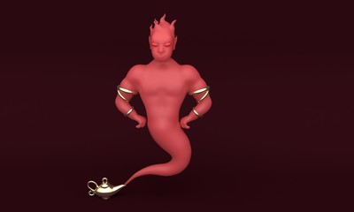The evil genie from the lamp on a red background. 3d rendering - obrazy, fototapety, plakaty