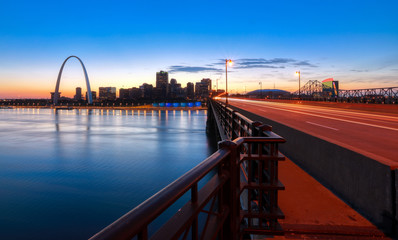 The St. Louis, Missouri skyline and Gateway Arch from Eads Bridge.