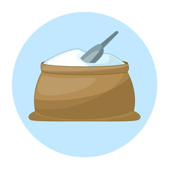 Wheat flour in an open bag and with a measuring spatula on a blue background. Line art. Vector.