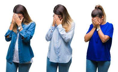 Collage of young beautiful woman wearing glasses over isolated background with sad expression covering face with hands while crying. Depression concept.