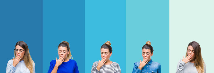 Collage of young beautiful woman over blue stripes isolated background bored yawning tired covering mouth with hand. Restless and sleepiness.